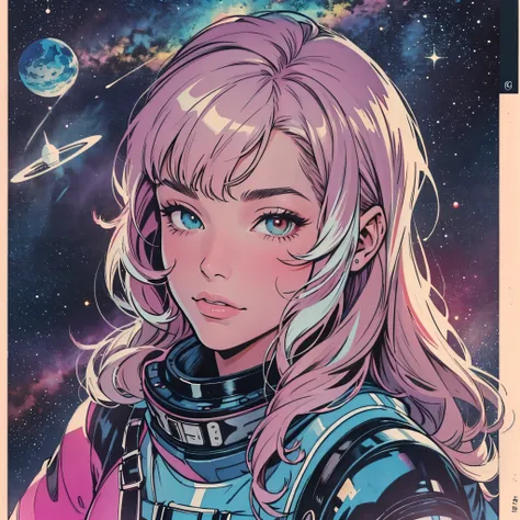 ultimate best quality,beautiful woman,speech bubble,big brest,galaxy,60s,70s,80s,colorful,cosmo,space,((Heterochromia))