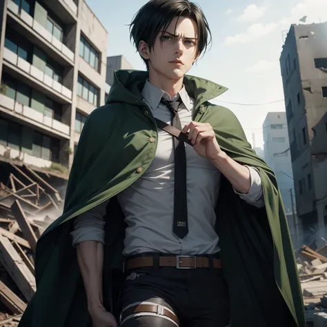 Levi Ackerman Character from Anime Attack On Titan, Realistic Anime style, Handsome boy, cool boy, serious face, Attack on titan uniform, green cloak, Black short hair, Background of destroyed buildings