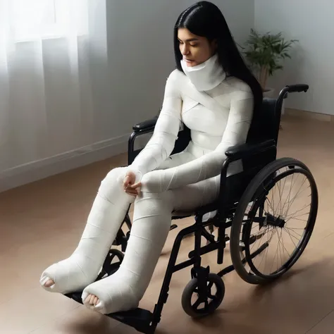 arafed woman in a wheelchair with a cast on her leg, sitting in a wheelchair, injured, covered in bandages, with wires and bandages, bandage, prostheses, artificial limbs, prosthetics, mummified in bandages, broken wheelchair, bandage on arms, soft collar,...