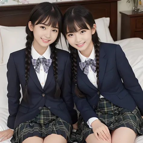 (highest quality、masterpiece:1.2)、highest quality、Realistic、photograph、High resolution、1080p、8K、Physical Rendering、((Height: 158cm)), ((two Japanese girls)), ((((16 year old beautiful Japanese magazine fashion models lying on bed looking at the viewer)))),...
