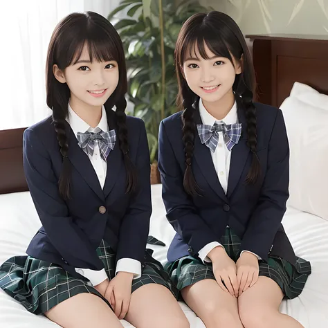 (highest quality、masterpiece:1.2)、highest quality、Realistic、photograph、High resolution、1080p、8K、Physical Rendering、((Height: 158cm)), ((two Japanese girls)), ((((16 year old beautiful Japanese magazine fashion models lying on bed looking at the viewer)))),...