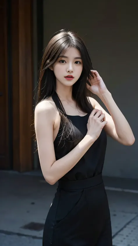 A perfect young female white-collar worker，Chinese，High picture quality，Works of masters，Black hair，Long hair flowing over the shoulders，Blured background，outside, deep shadow, Real Human，CG rendering，16k，Stand up，Empty interior，Do not show your hands，Clos...