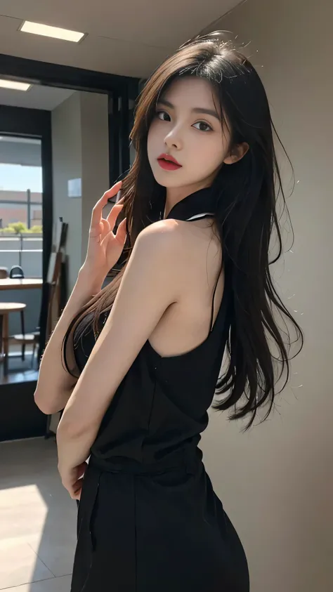 A perfect young female white-collar worker，Chinese，High picture quality，Works of masters，Black hair，Long hair flowing over the shoulders，Blured background，outside, deep shadow, Real Human，CG rendering，16k，Stand up，Empty interior，Do not show your hands，Clos...