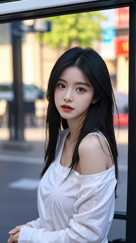 A perfect young female white-collar worker，Chinese，High picture quality，Works of masters，Black hair，Long hair flowing over the shoulders，Blured background，outside, deep shadow, Real Human，CG rendering，16k，Stand up，Empty interior，Do not show your hands，Clos...