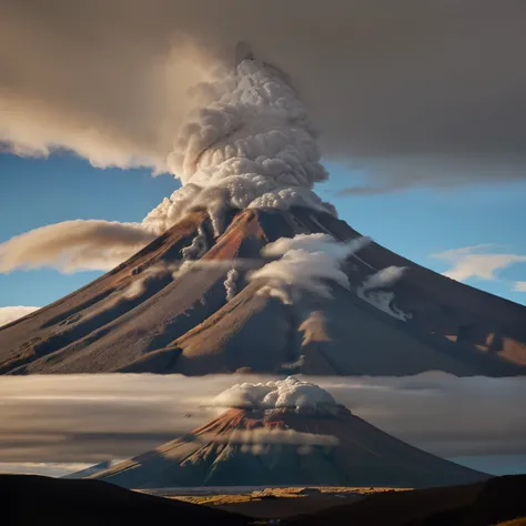 The Cotopaxi volcano covered in clouds transmitting a feeling of fear 