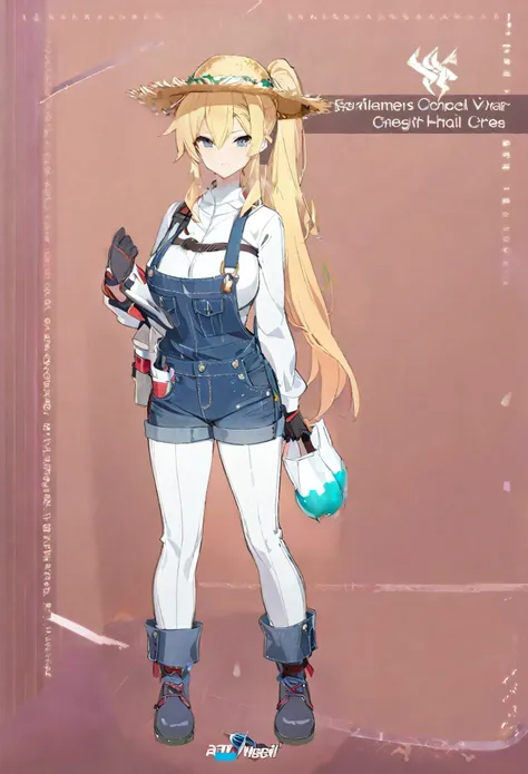 One Girl,Clothing for farming,Long sleeve,Long trousers,Straw hat,Overalls,gloves,Bangs that extend between the eyes,Half Hair,Blonde,Side Ponytail,Heisei Gal,Concept Art,whole body,Are standing,bright,Simple background gray,Smuggle,Large Breasts,Rain boot...