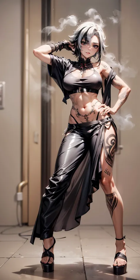 short hair, white hair, black hair, (multicolored hair:1.3), x-shaped pupils, black eyes, anatomically correct, heavy breathing, huge breasts, tattoo, arm_tattoo, pubic_tattoo, shoulder_tattoo, stomach_tattoo, body_writing, 1girl, leg_tattoo, chest_tattoo,...