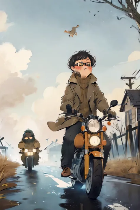 masterpiece,(best quality),dog,dog in trench coat,jacket,glasses,riding a motorcycle,suburb,village,