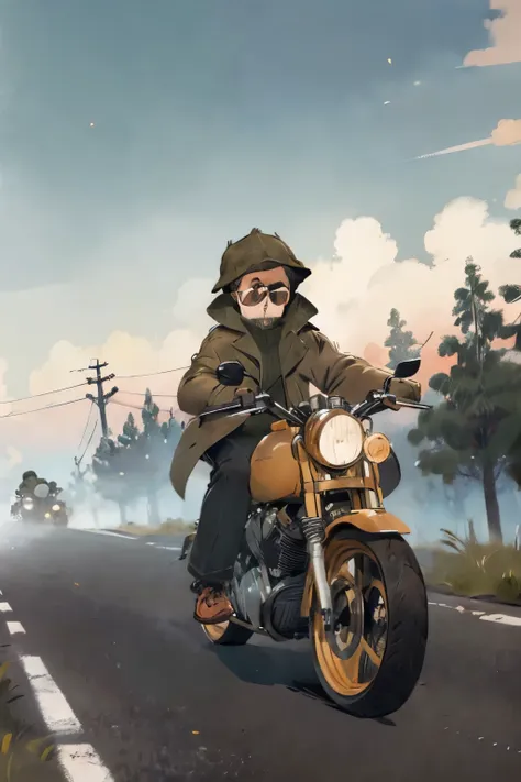 masterpiece,(best quality),dog,dog in trench coat,jacket,glasses,riding a motorcycle,suburb,village,