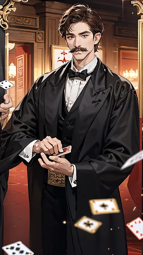 best detailed, best quality, 8k, middle age man, curved mustache, medium length hair, brown hair, holding dices, wearing tuxedo,...