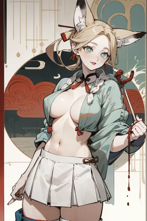 Upper body standing painting, White skin, (Fox ears), Exquisite eyes,Red Eyeshadow, Red lips，White miniskirt,Fake laugh, Ukiyo-e, masterpiece, high quality, at the lowest limit, Tiny,White boots，Huge breasts,The navel leaks out