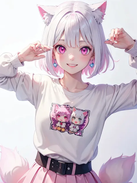 White hair. Short hair. Inner pink hair. Anime girl. Pink eyes. Glowing eyes. Nekomimi. Smiling. T-shirt.