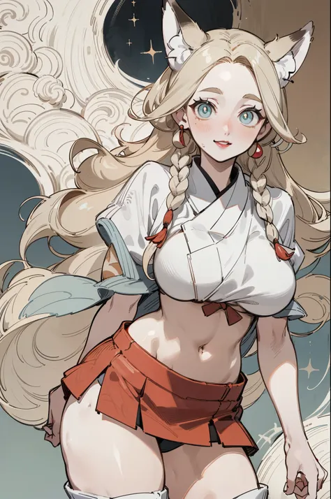 Upper body standing painting, White skin, (Fox ears), Exquisite eyes,Red Eyeshadow, Red lips，White miniskirt,Fake laugh, Ukiyo-e, masterpiece, high quality, at the lowest limit, Tiny,White boots，Huge breasts,The navel leaks out