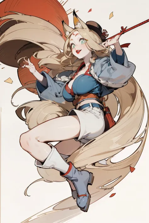 White skin, (Fox ears), Exquisite eyes,Red Eyeshadow, Red lips，White shorts,Fake laugh, Ukiyo-e, masterpiece, high quality, at the lowest limit, Tiny,White boots，Huge breasts，Wearing a straw hat