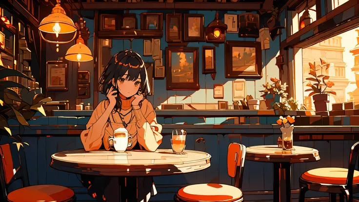 afternoon at a corner café, where a girl sits at a terrace table, engrossed in a book she holds in her hands. surrounding her is...