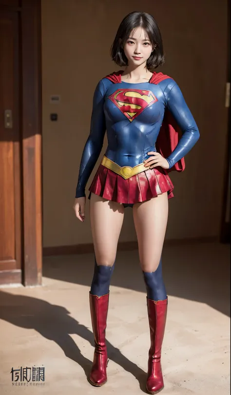 No background、(((Beautiful legs in black tights.)))、(((Legally express the beauty of your smile)))、((((Make the most of your original images)))、(((Supergirl Costume)))、(((Beautiful very short hair)))、(((suffering)))、(((Please wear black tights....、Wear red...