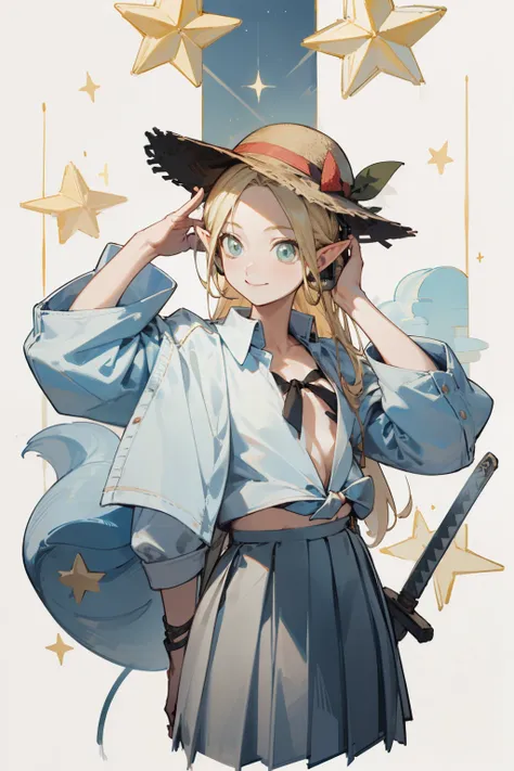 Wearing a bikini、Wearing a hat and a sword, Wearing headphones,(masterpiece, best quality) detailed,silver accessories , Blonde ,elegant, Pointed ears ，White shirt，Pleated Skirt，Double tail，Waist-length hair，Smile，Star decoration，Wearing a straw hat