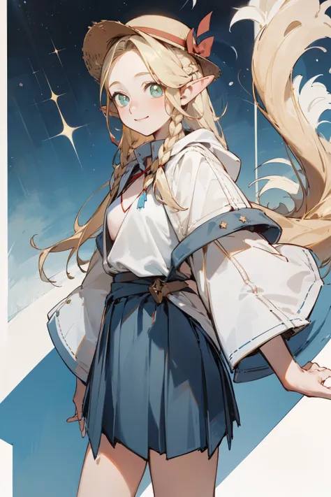 Wearing a bikini、Wearing a hat and a sword, Wearing headphones,(masterpiece, best quality) detailed,silver accessories , Blonde ,elegant, Pointed ears ，White shirt，Pleated Skirt，Double tail，Waist-length hair，Smile，Star decoration，Wearing a straw hat