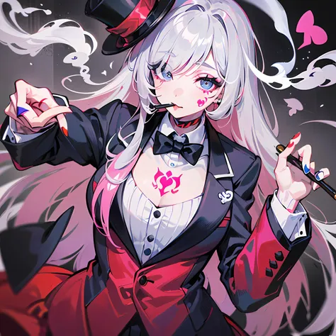 ((masterpiece)), ((highest quality)), ((highest quality)), (Illustration of one girl), Long pink hair, (((expensive)), (White skin), Grey Eyes, Blue eyeliner, (((Heart tattoo around the left eye)), ((tuxedo)), (Top Hat)), smoke tube, (clown), (Circus)