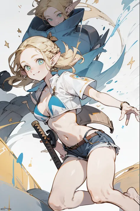 Wearing a bikini、Wearing a hat and a sword, Wearing headphones,(masterpiece, best quality) detailed,silver accessories , Blonde ,elegant, Pointed ears ，White shirt，shorts，Double tail，Waist-length hair，Smile，Star decoration，Barefoot