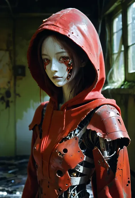 1girl,EA post apocalyptic photo of a red hooded a broken feminine humanoid robot,At night,a light shone on her,dented,scratched,flaking peeling paint,in a abandoned interior room,mossy and fungus,once pretty,An artistic photograph,closeup 50mm f/1.3,Metal ...