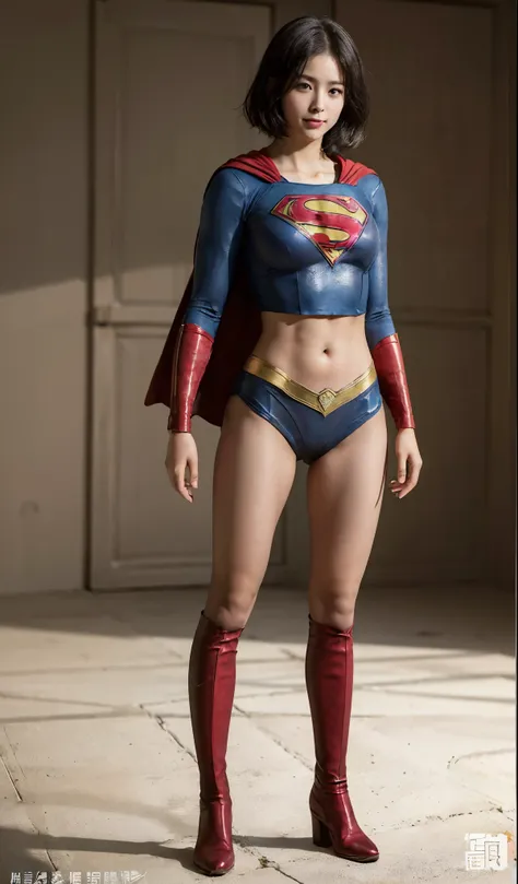 No background、(((Beautiful legs in black tights.)))、(((Legally express the beauty of your smile)))、((((Make the most of your original images)))、(((Supergirl Costume)))、(((Beautiful very short hair)))、(((suffering)))、(((Please wear black tights....、Wear red...