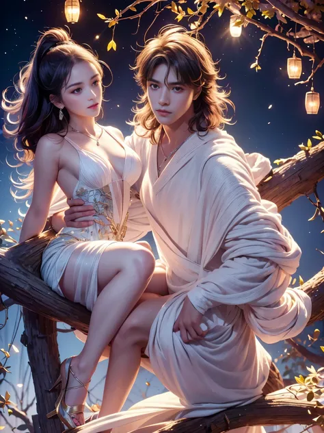 Romantic ancient style，night，Backlight，A man and a woman sitting on a tree branch，There is a full moon behind，Alexander，repeat，Fresh colors，Soft colors，Diode lamp，Concept art style，Extremely complex details，Clear distinction between light and dark，layered，...