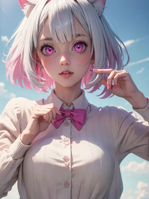 White hair. Short hair. Inner pink hair. Anime girl. Pink eyes. Glowing eyes. Nekomimi. 