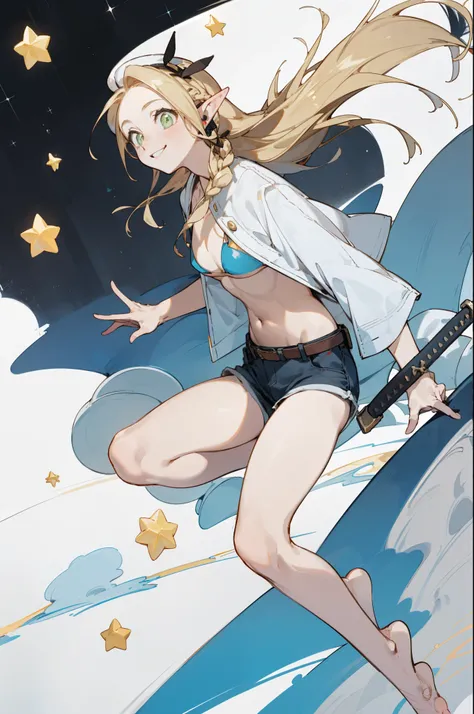 Wearing a bikini、Wearing a hat and a sword, Wearing headphones,(masterpiece, best quality) detailed,silver accessories , Blonde ,elegant, Pointed ears ，White shirt，shorts，Double tail，Waist-length hair，Smile，Star decoration，Barefoot