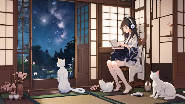 reluctant machine、Sit on a chair、A beautiful girl studying in her room while listening to music with headphones、Outside the room is a starry sky、Two cats, a white cat and a black cat, are sleeping、Japanese anime style