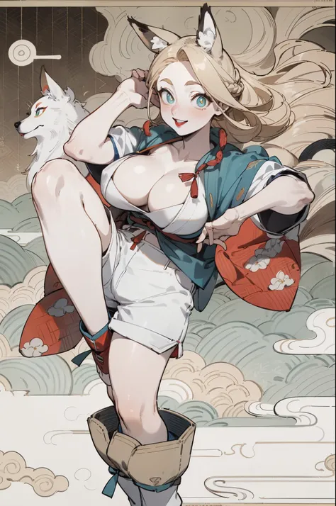 White skin, (Fox ears), Exquisite eyes,Red Eyeshadow, Red lips，White shorts,Fake laugh, Ukiyo-e, masterpiece, high quality, at the lowest limit, Tiny,White boots，Huge breasts