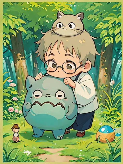 hayao miyazaki style, Kawaii Design, The most beautiful girl of all time、Chibi, Cute old man、play together、Totoro Forest