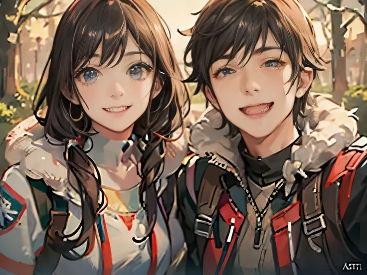 A boy and a girl facing the camera，，Positive face，Smile，high details, UHD, high quality