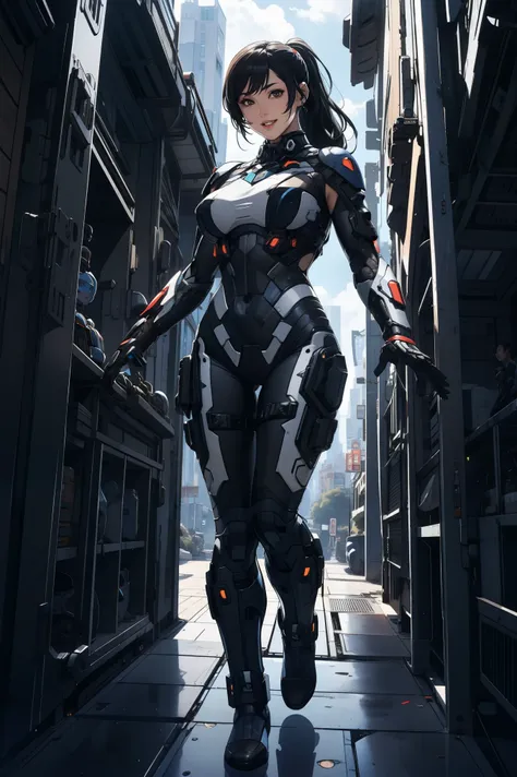 1 girl, black long hair ponytail, huge breast, mecha suit black color  full armor, smiling, arm at the hips, standing , at the c...