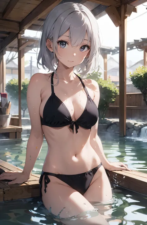 Silver-haired girl drawn in high resolution Japanese anime style、Realistic background blur that looks like it was taken with a high-performance camera.、Please provide high quality illustrations........。Beautiful woman soaking in a hot spring with a relaxed...