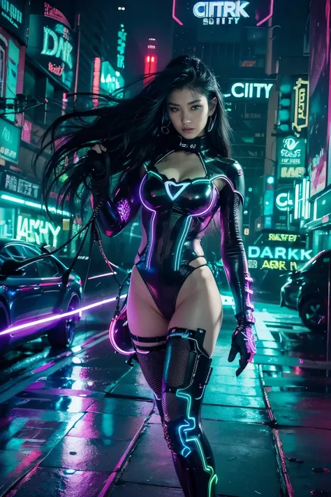 (Long black wavy hair with blue and purple neon lighting:1.2),(Full body photo:1.2) Best image quality, masterpiece, Ultra-high resolution, (Faithfulness), ((Cyberpunk characters)), Japanese women, Very beautiful face, Skinny, Small breasts,  Cyber Costume...