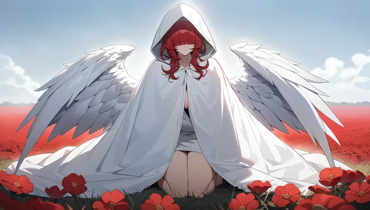 high quality, masterpiece, in detail, correct anatomy, in detailе освещение. (One Angel Girl), ((huge wings)), Stunning appearance, Imperturbable, white and red hair, (hair completely covers eyes), without shoes, (((The hood completely covers the eyes))), ...