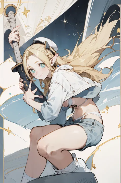 Wearing a bikini、Wearing a hat and a sword, Wearing headphones,(masterpiece, best quality) detailed,silver accessories , Blonde ,elegant, Pointed ears ，White shirt，shorts，Double tail，Waist-length hair，Smile，Star decoration，White lace socks，Angel