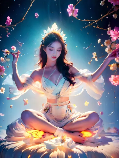 full body photography of girl in lotus pose，raw, filming, (be focused:1.5), (reality:1.4), dusk lighting, volumetric lighting, u...