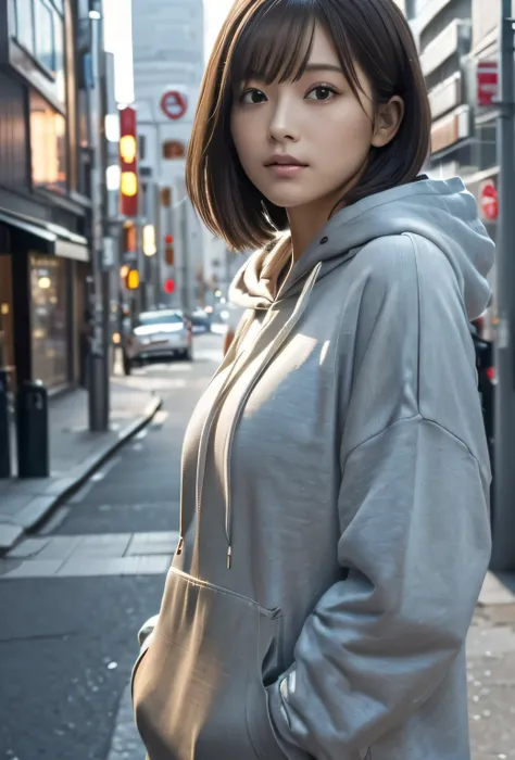 (((city:1.3, Outdoor, Photographed from the front))), ((Medium Bob:1.3,hoodie,Japanese women,cute)), (clean, Natural Makeup), (highest quality, masterpiece:1.3, 超High resolution), (Very detailed, Caustics), (Realistic:1.4, RAW shooting), Very detailed, Hig...