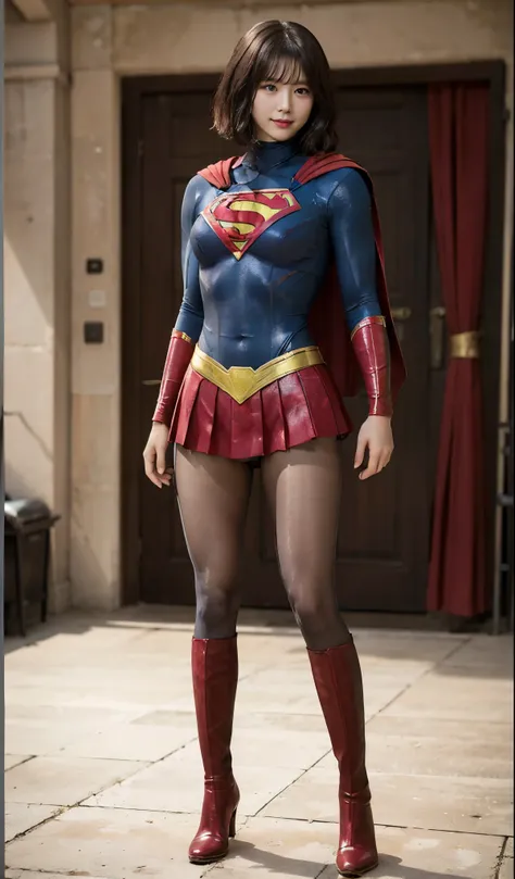 No background、(((Beautiful legs in black tights.)))、(((Legally express the beauty of your smile)))、((((Make the most of your original images)))、(((Supergirl Costume)))、(((Beautiful very short hair)))、(((suffering)))、(((Please wear black tights....、Wear red...