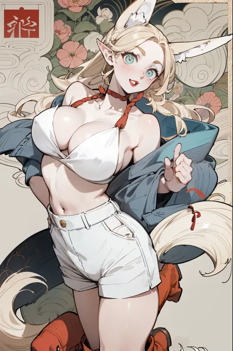 White skin, (Fox ears), Exquisite eyes,Red Eyeshadow, Red lips，White shorts,Fake laugh, Ukiyo-e, masterpiece, high quality, at the lowest limit, Tiny,White boots，Huge breasts，Exposing shoulders and belly button