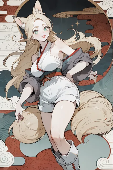 White skin, (Fox ears), Exquisite eyes,Red Eyeshadow, Red lips，White shorts,Fake laugh, Ukiyo-e, masterpiece, high quality, at the lowest limit, Tiny,White boots，Huge breasts，Bare shoulders