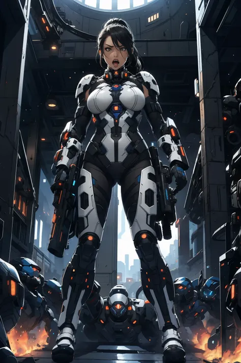 1 girl, black long hair ponytail, huge breast, mecha suit black color  full armor, angry, tense, pressure, holding heavy assault...