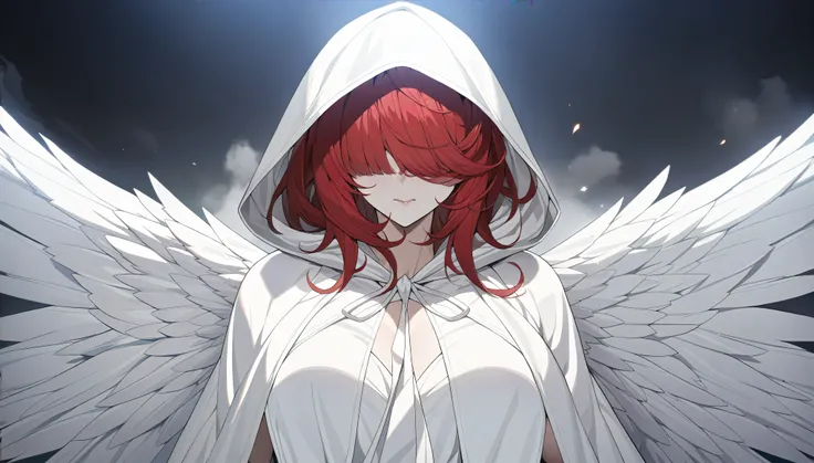 high quality, masterpiece, in detail, correct anatomy, in detailе освещение. (One Angel Girl), ((huge wings)), in white robes, Stunning appearance, Imperturbable, white and red hair, (hair completely covers eyes), without shoes, (((The hood completely cove...