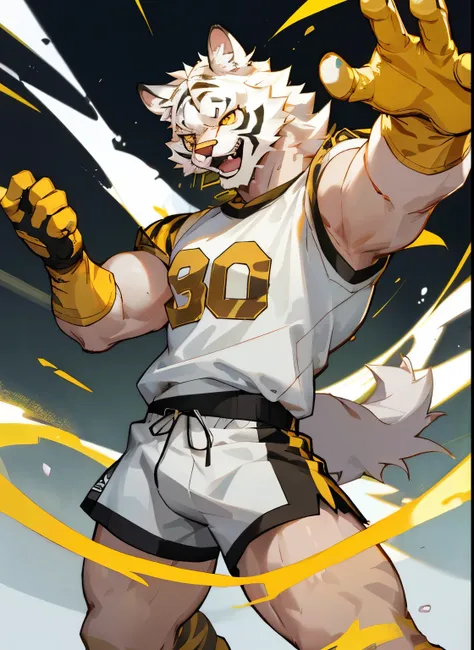 Reference table: 1.2),, muscle发达, Yellow eyes, Playing football with white hair, White body, sleeveless jacket, t-shirt, Dress neatly, Ultra-clear screen, Soft lines，Solitary，furry，White Tiger，Fantasy Creatures，hairy，muscle，Male focus，Gold sclera, Tiger Ta...