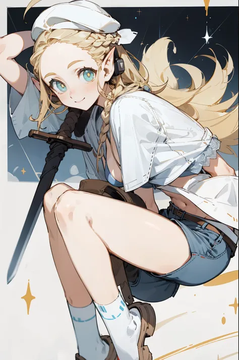 Wearing a bikini、Wearing a hat and a sword, Wearing headphones,(masterpiece, best quality) detailed,silver accessories , Blonde ,elegant, Pointed ears ，White shirt，shorts，Double tail，Waist-length hair，Smile，Star decoration，White lace socks，Angel