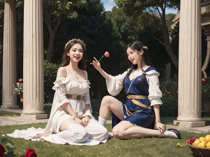 full body portrait or statue、Giorgione painting style,Arguments of two female Philosophe,math、astronomical machine、astronaut、roses in vase、fruits、Cute trinkets、smile、ancient greek costume、Ancient Roman landscape in the style of Nicolas Poussin,laughter,,Sw...