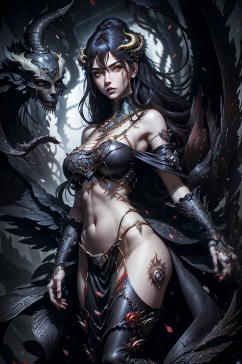 Full body portrait, masterpiece，best qualtiy，detailedbackground，intricately details），dark castle，1girl，The demons，red hair，busty, curvy hips, 黑The eye，Pupil of the slit，curled horns，wings，fang，Black armor，bone，the night，Red Moon