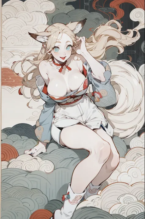 White skin, (Fox ears), Exquisite eyes,Red Eyeshadow, Red lips，White shorts,Fake laugh, Ukiyo-e, masterpiece, high quality, at the lowest limit, Tiny,White boots，Huge breasts，Bare shoulders，，Lace